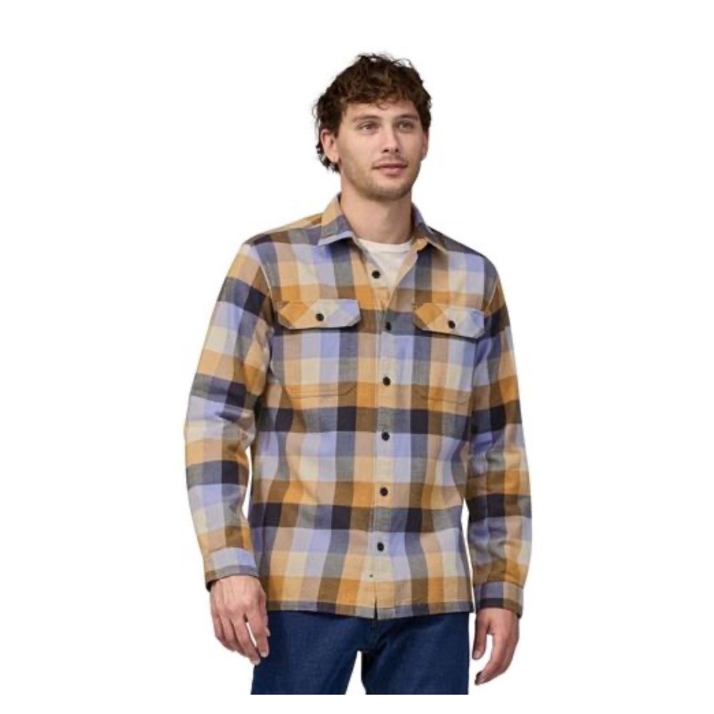 Patagonia Midweight Fjord Flannel Shirt Men M Organic Cotton Plaid Yellow Blue